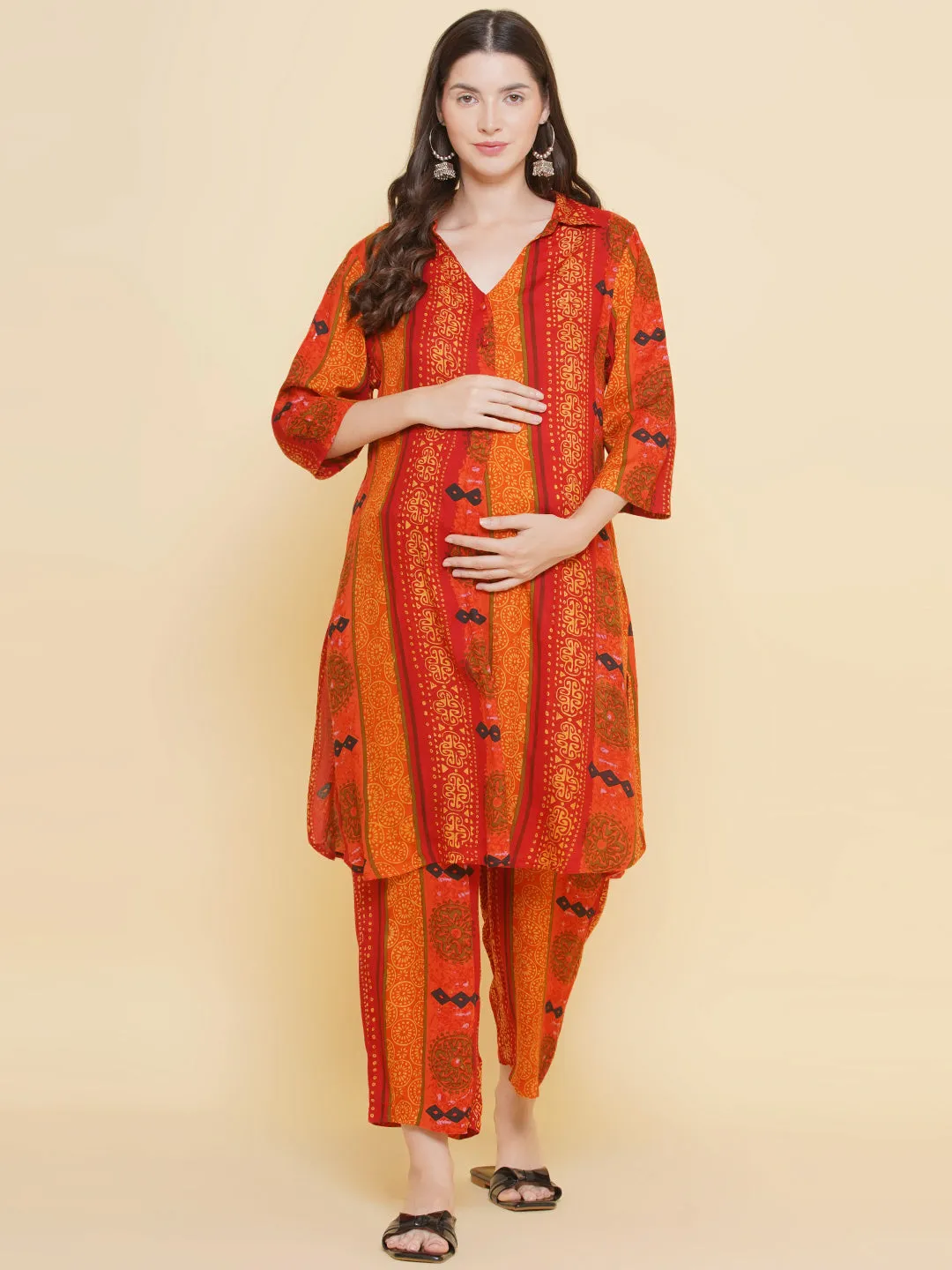 Orange Stripe Print Shirt Collar Maternity & Nursing Kurta Set