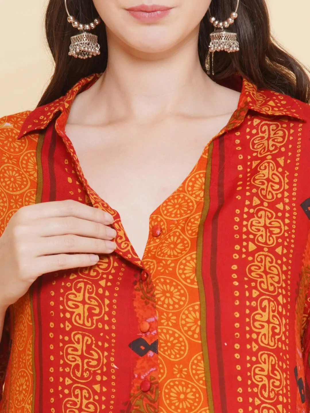 Orange Stripe Print Shirt Collar Maternity & Nursing Kurta Set