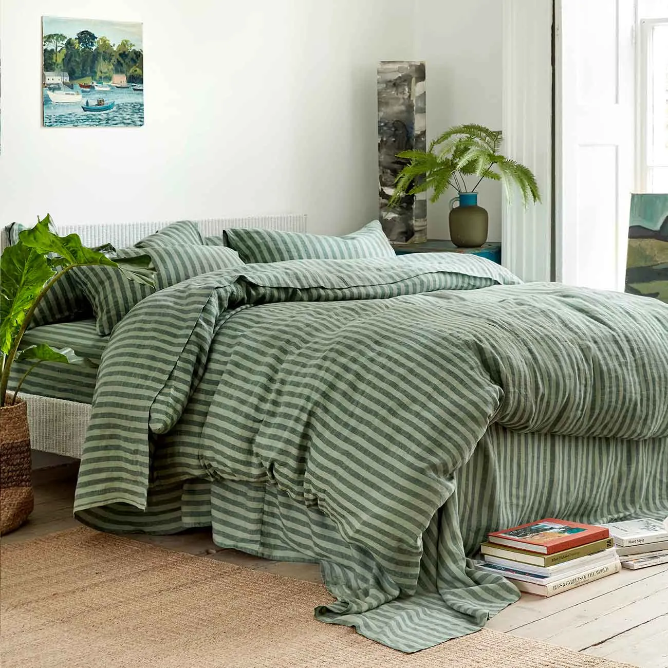 Pine Green Pembroke Stripe 100% Linen Duvet Cover