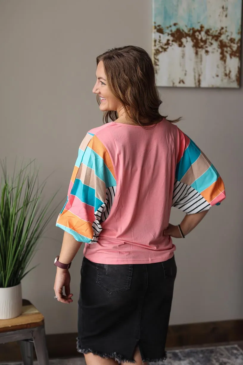 Pink Multi Stripe Dolman Sleeve V-Neck Top