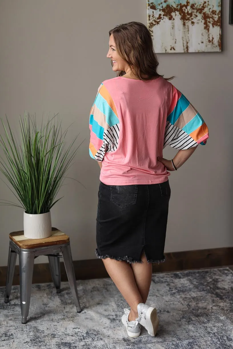 Pink Multi Stripe Dolman Sleeve V-Neck Top