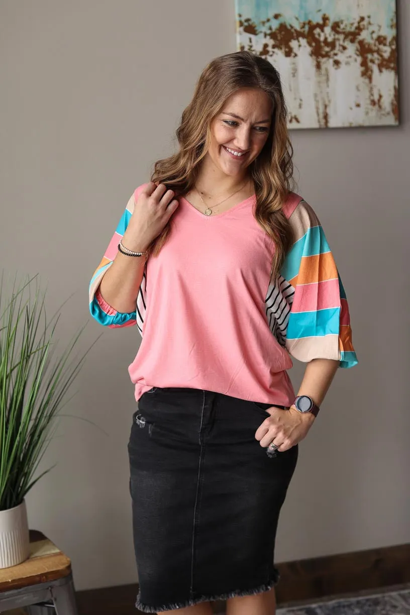 Pink Multi Stripe Dolman Sleeve V-Neck Top