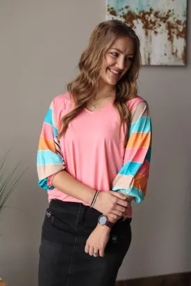 Pink Multi Stripe Dolman Sleeve V-Neck Top