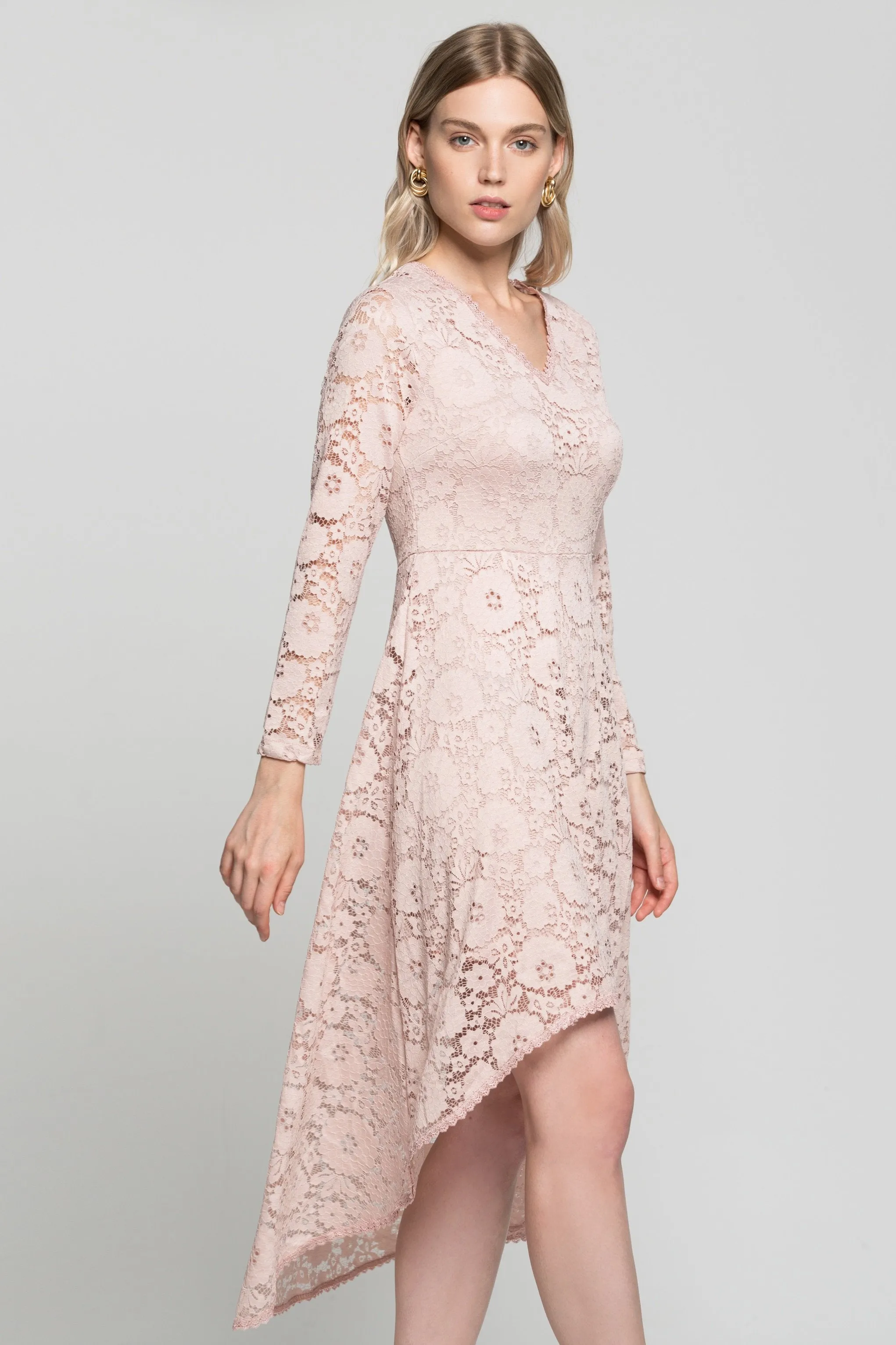 Pink V - Neck Floral Full Sleeves Mullet Dress