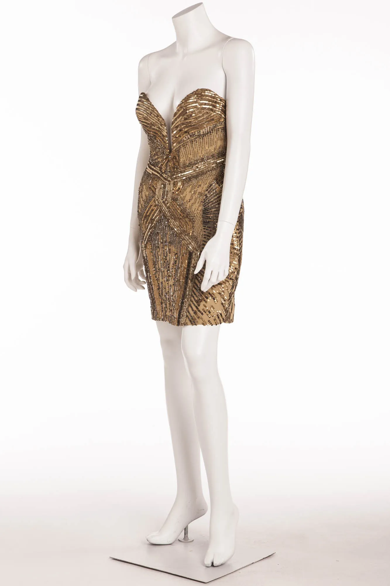 Roberto Cavalli - Gold Strapless Embellished Mini Dress -