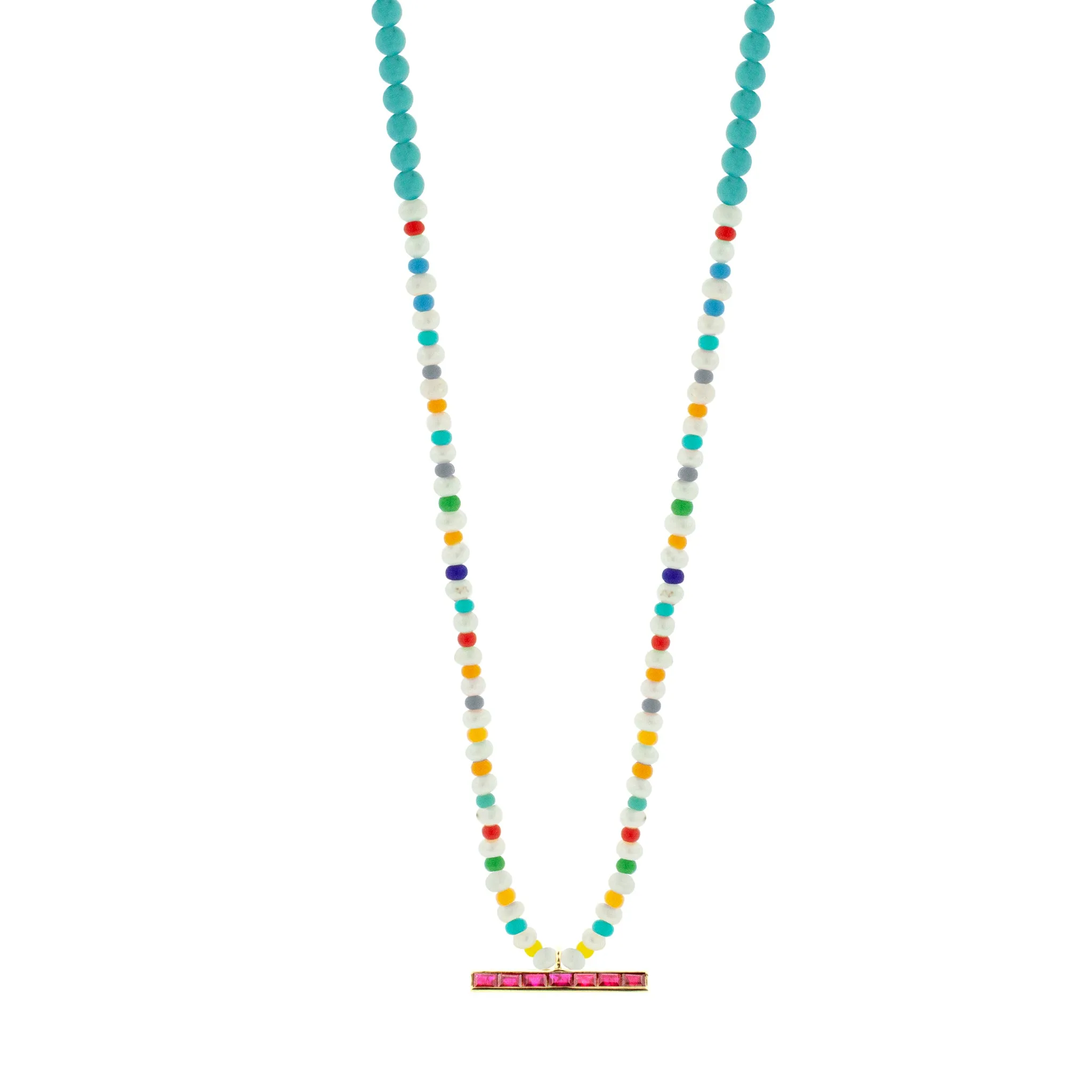 Ruby Baguette ID Bar on Beaded Necklace