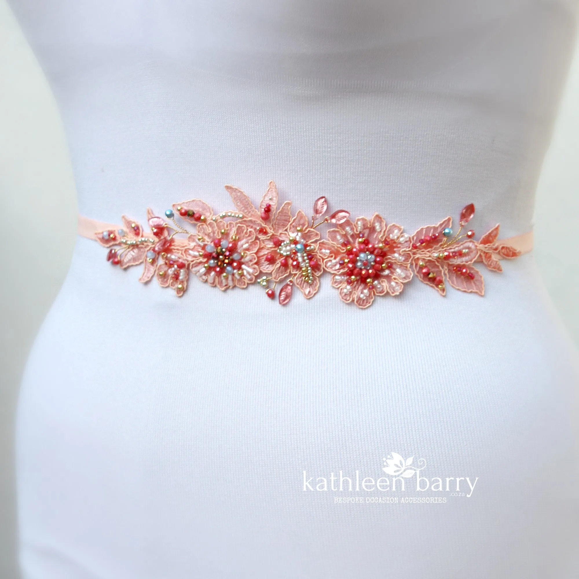 Sara beaded lace belt with floral detail - Custom colors to order