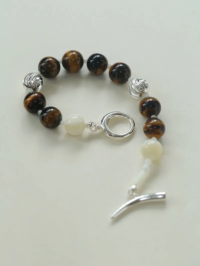 Smooth Tiger's Eye and Silver Shell Beaded OT Bracelet