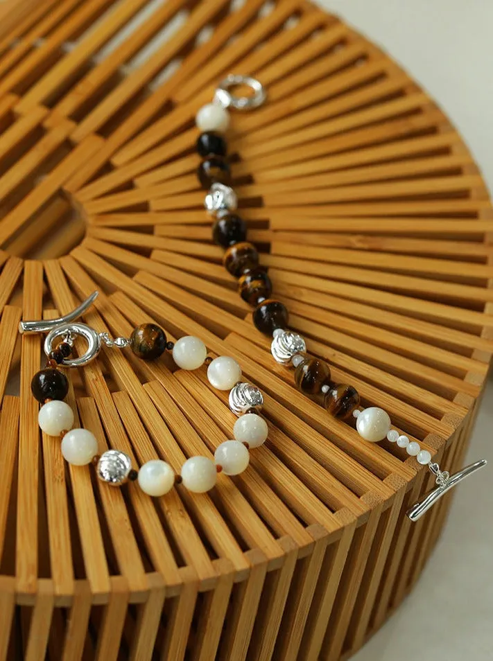 Smooth Tiger's Eye and Silver Shell Beaded OT Bracelet