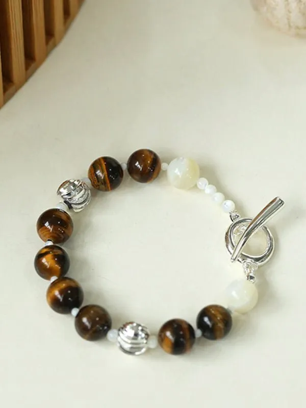 Smooth Tiger's Eye and Silver Shell Beaded OT Bracelet