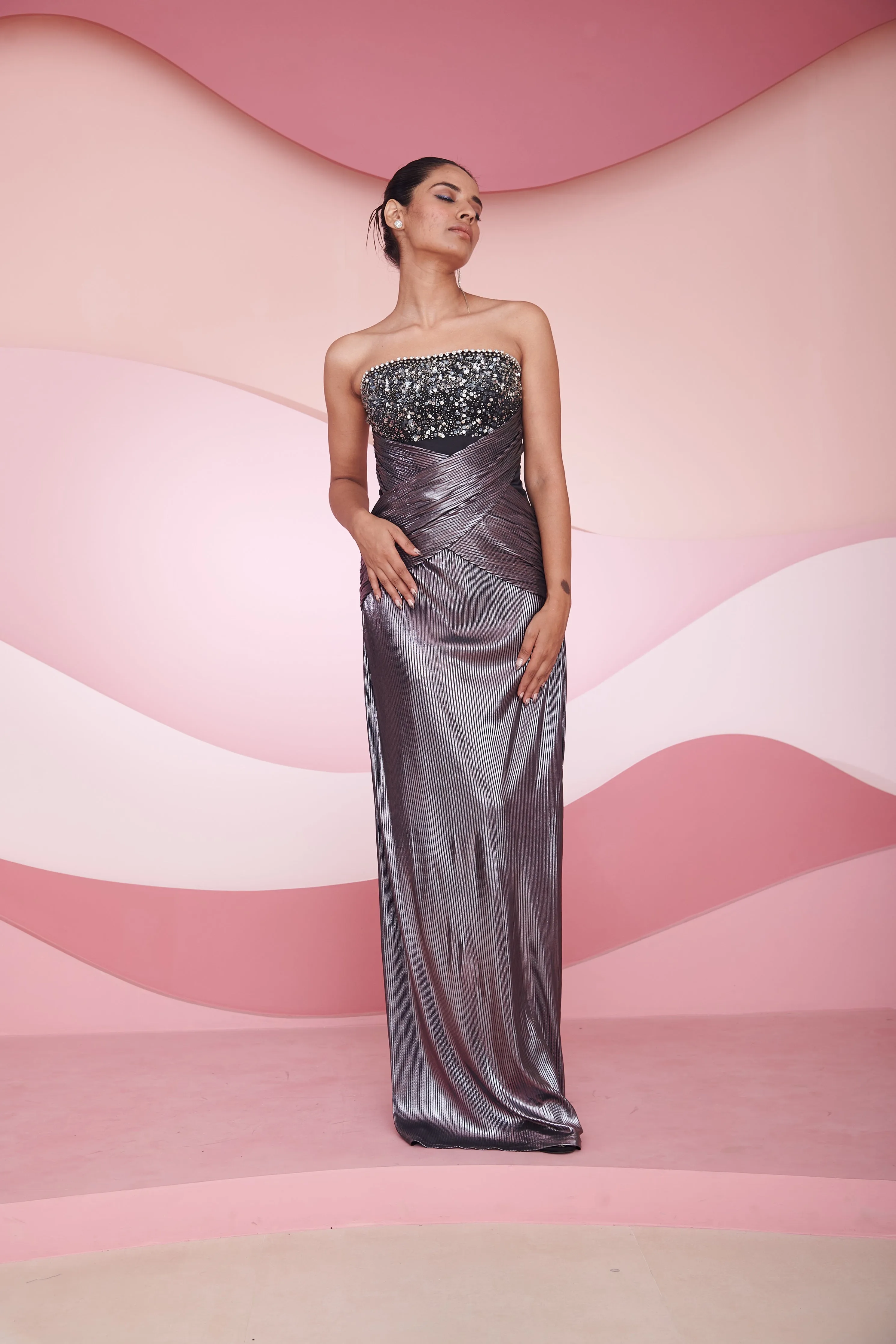 Solana Iridescent Metallic Rhinestone Embroidered Gown