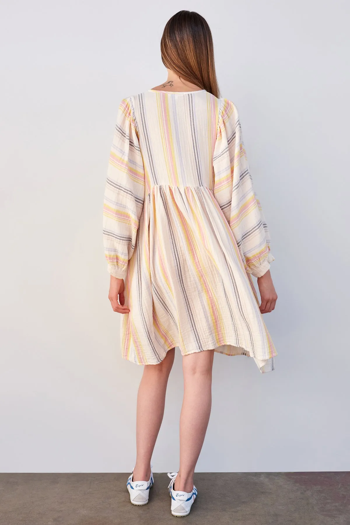 Sundry Midi Blouson Sleeve Dress in Cream/Multi Stripes