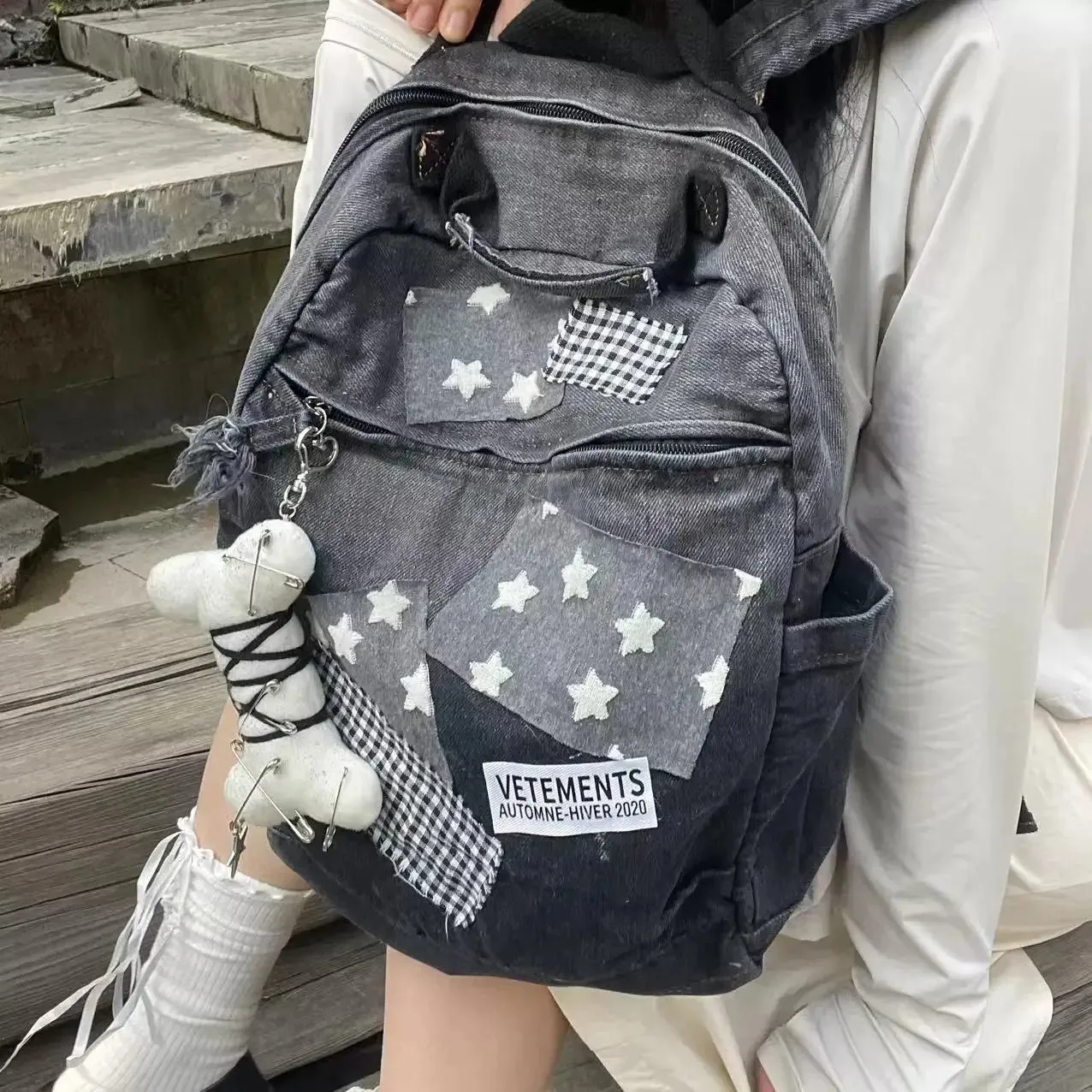 TAVIMART  -  Korean Y2k Star Patchwork Plaid Preppy Student Girl Schoolbag Vintage Denim Gradient Backpacks Fashion Ladies Cute Backpack