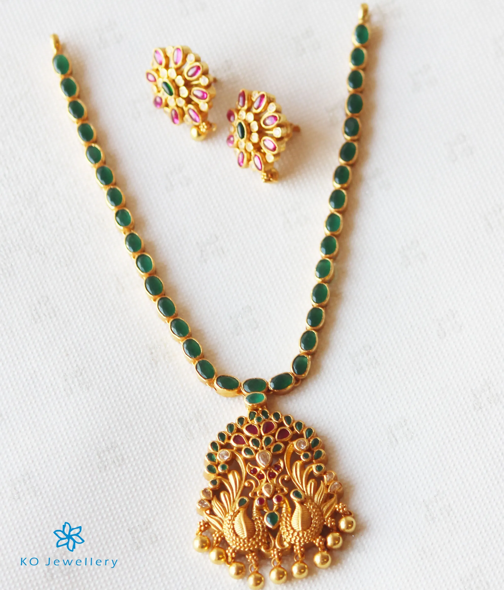 The Abhaya Silver Kempu Necklace(Green)