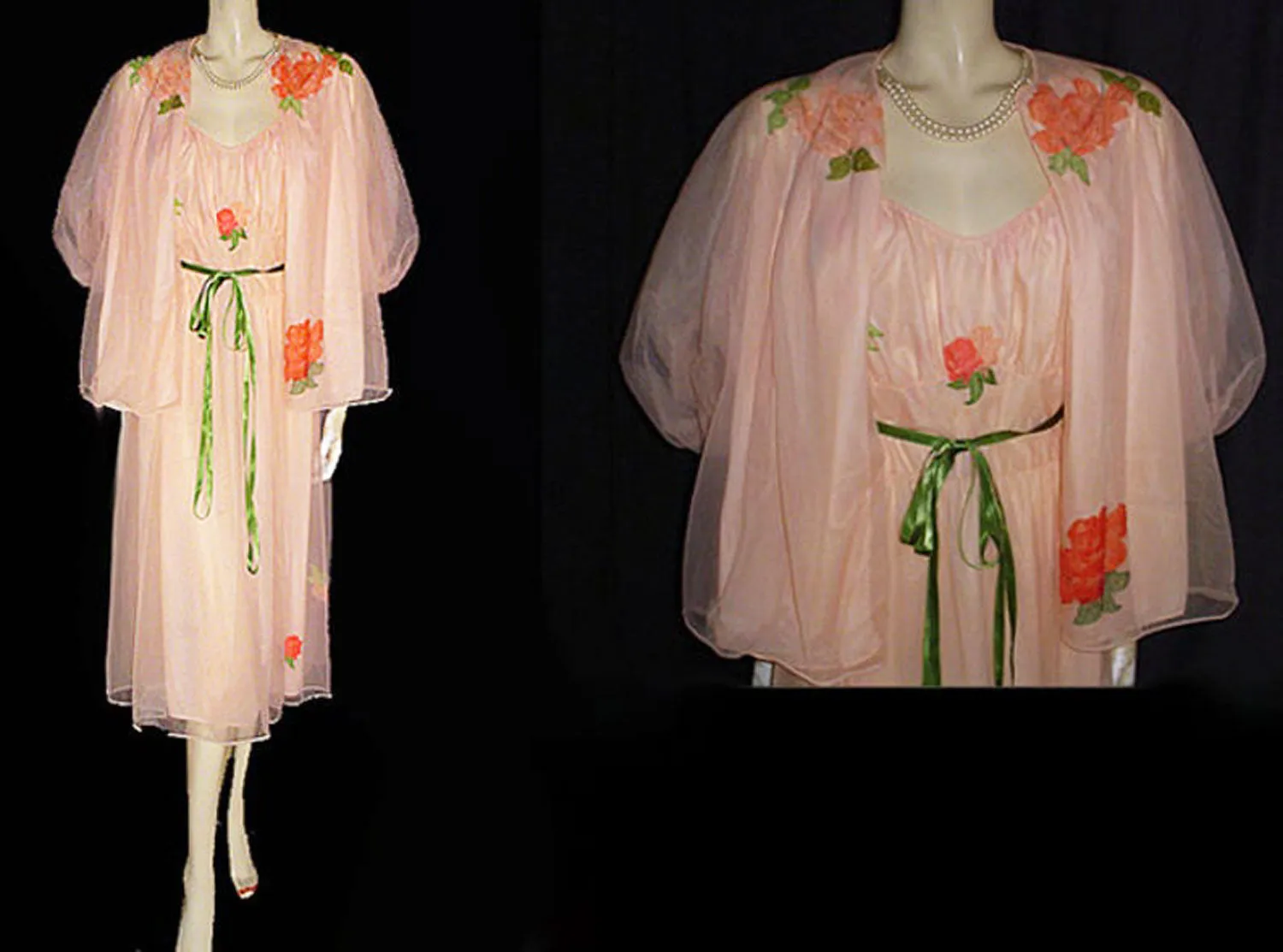 *VINTAGE VAN RAALTE MYTH PEACH DOUBLE NYLON PEIGNOIR & NIGHTGOWN SET WITH LACE APPLIQUES