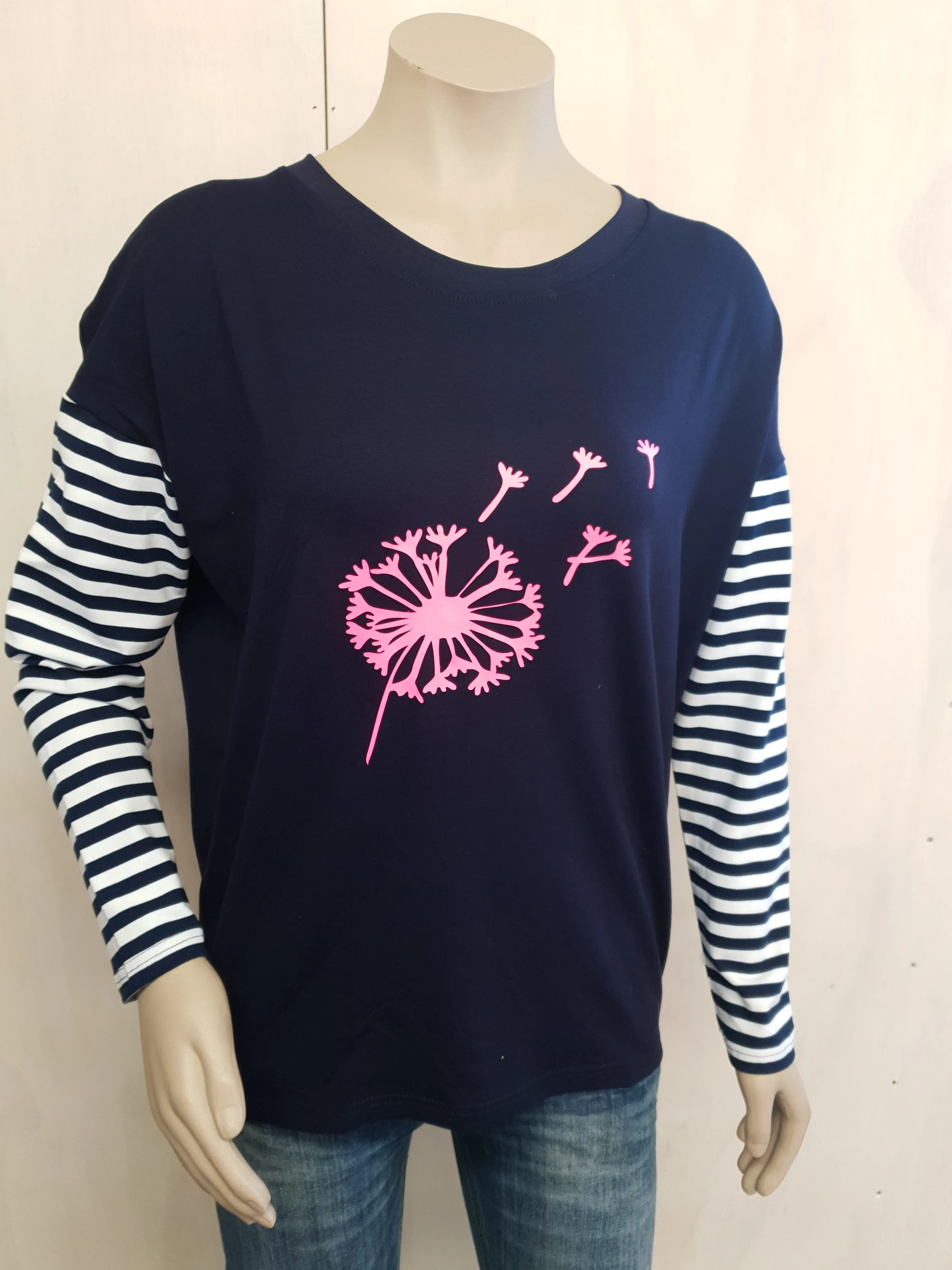 Vinyl Print Long Sleeve Stripe Tee - Navy & Pink