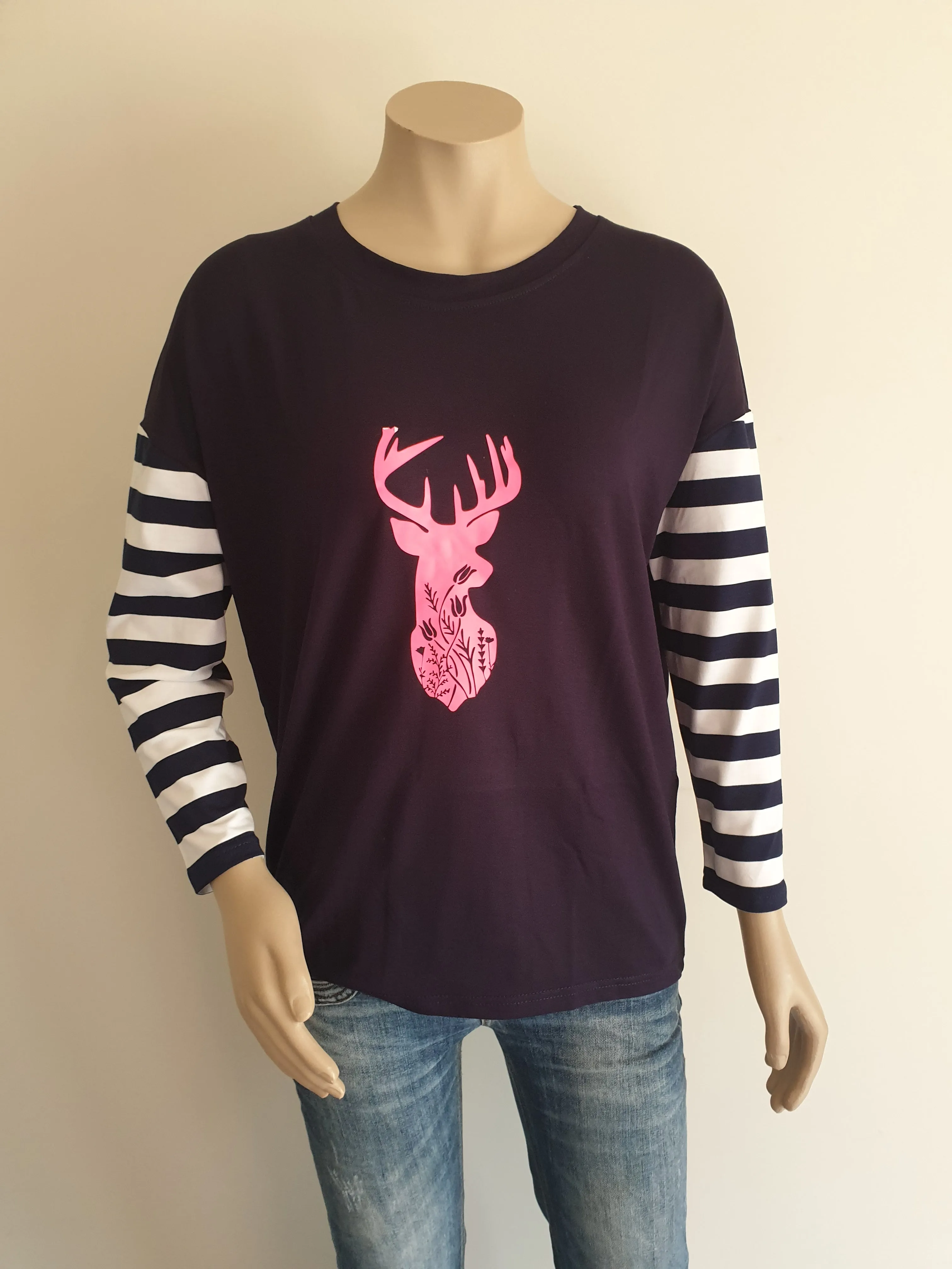 Vinyl Print Long Sleeve Stripe Tee - Navy & Pink