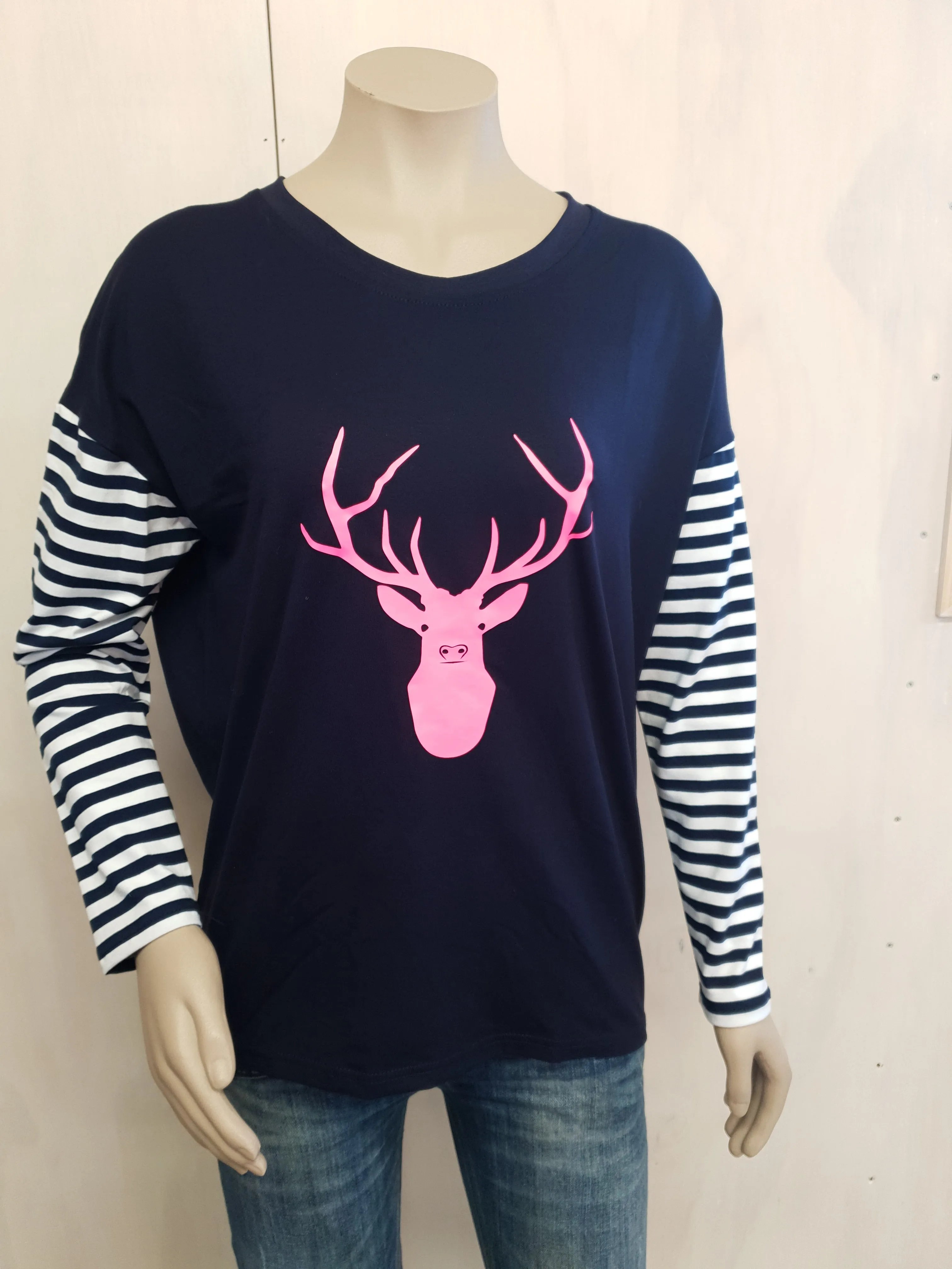 Vinyl Print Long Sleeve Stripe Tee - Navy & Pink