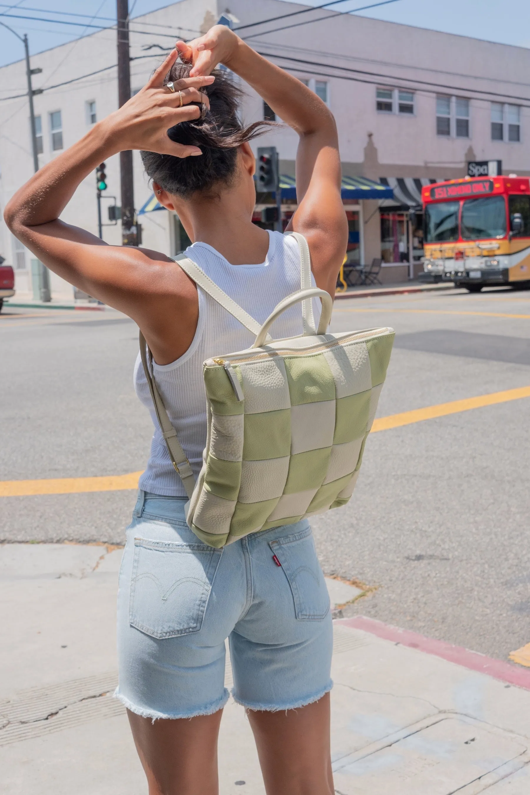 X Prism Avocado   Cream Checkered Patchwork Backpack